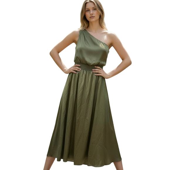 Nicole Miller Olive One Shoulder Maxi Dress Gathered Waist Asym Neck Sz S EUC - Picture 2 of 7